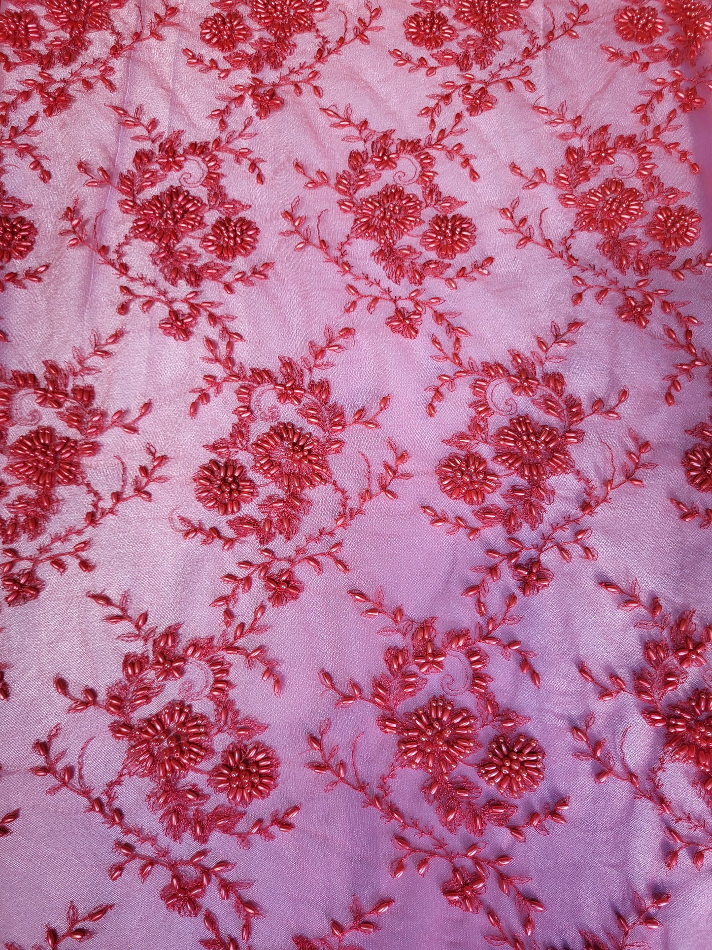 Tissu dentelle perlée - Rouge corail