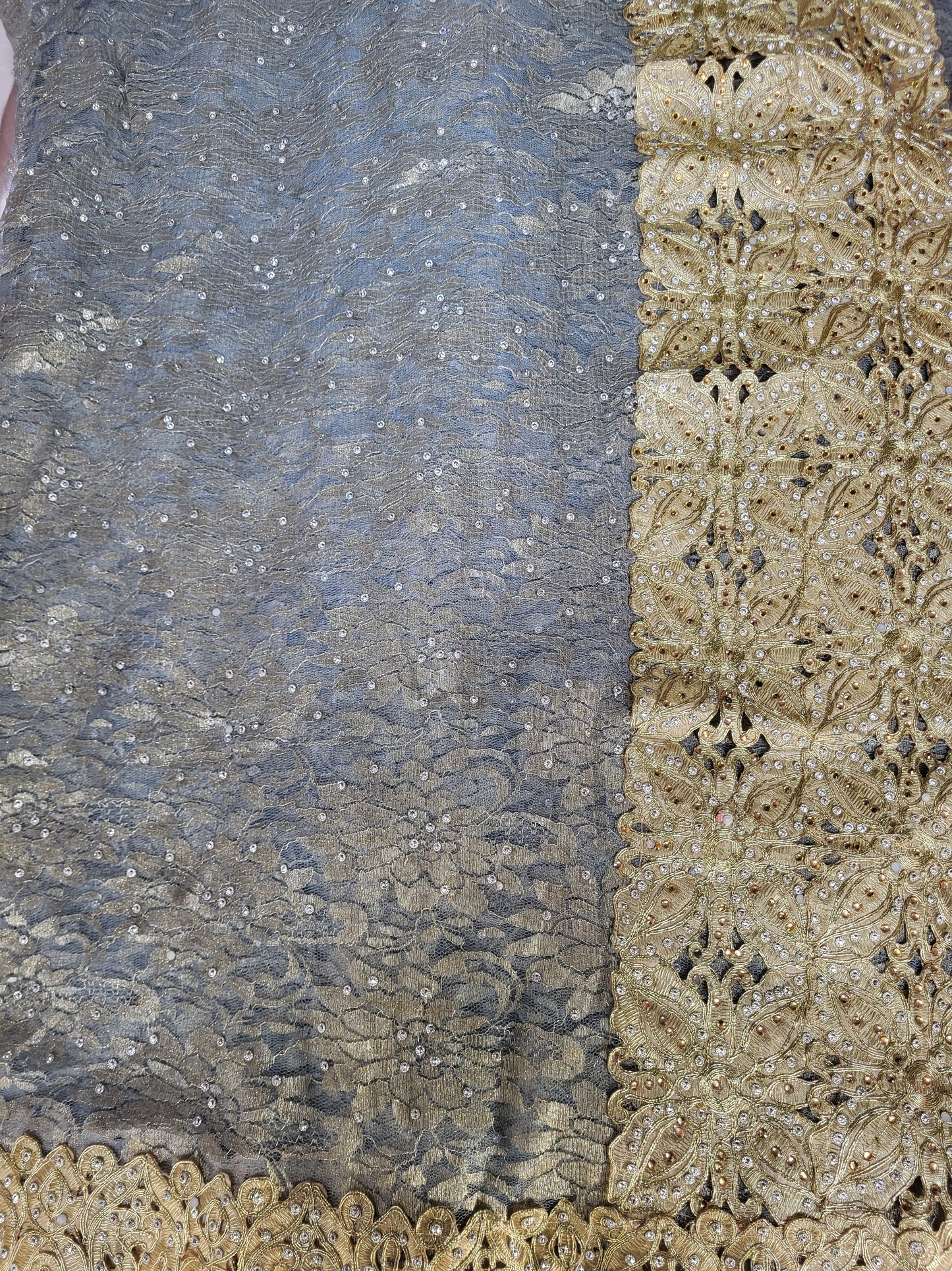 Tissu dentelle à strass "sari" - Or et Bleu