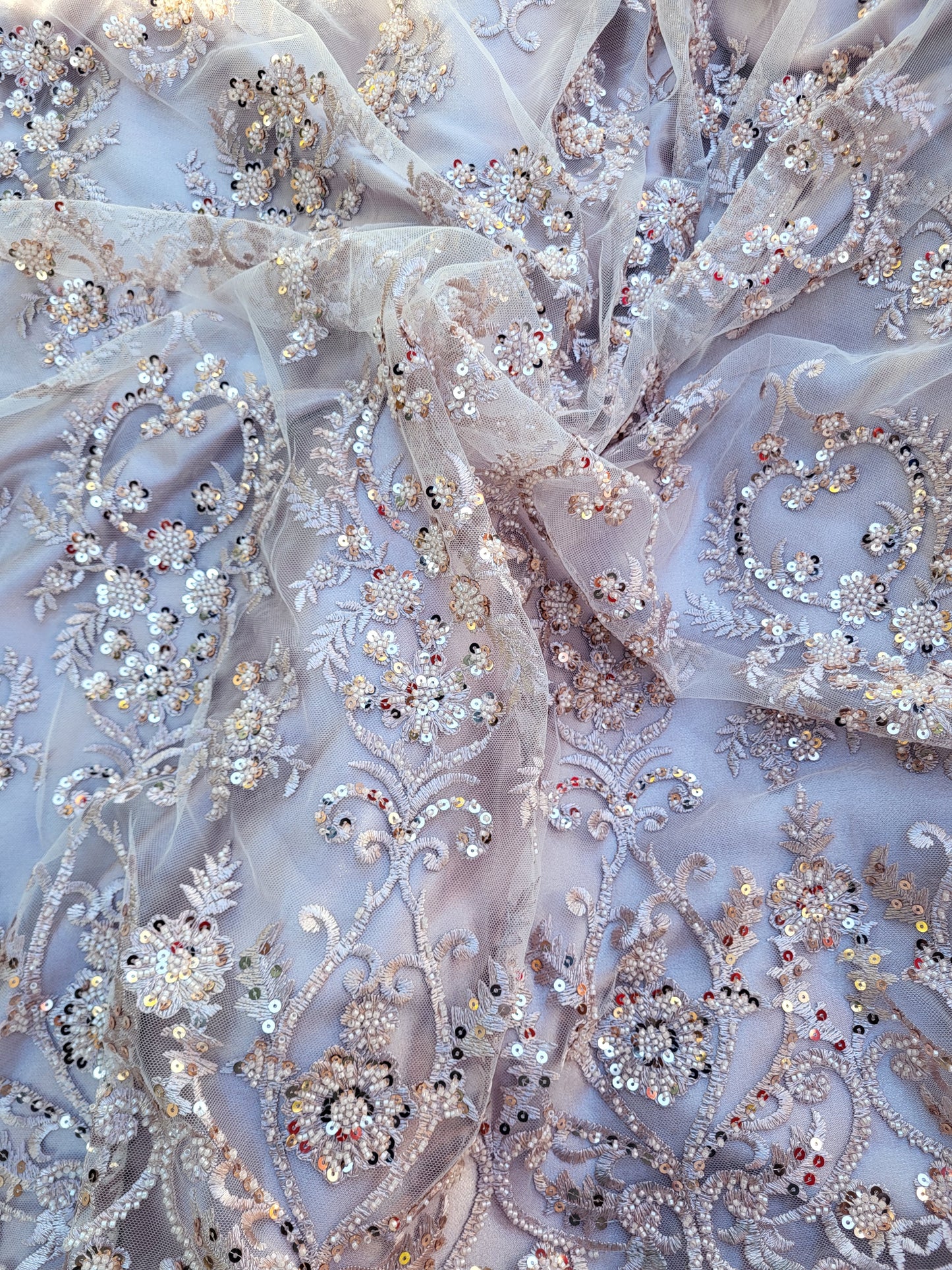 Tissu tulle perlé - Rose poudré