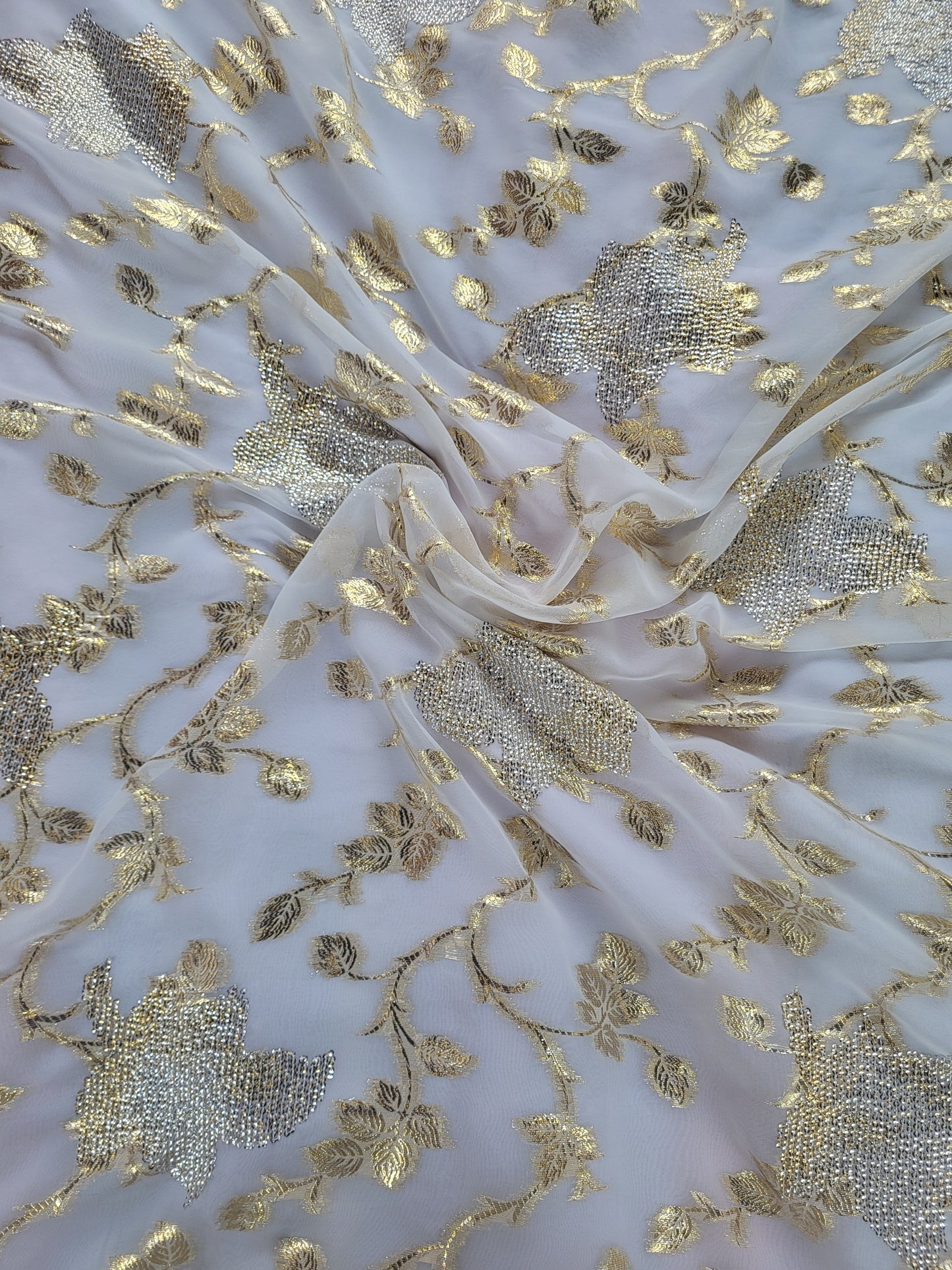 Tissu mousseline de soie "tlija" tissée - Blanc et Or
