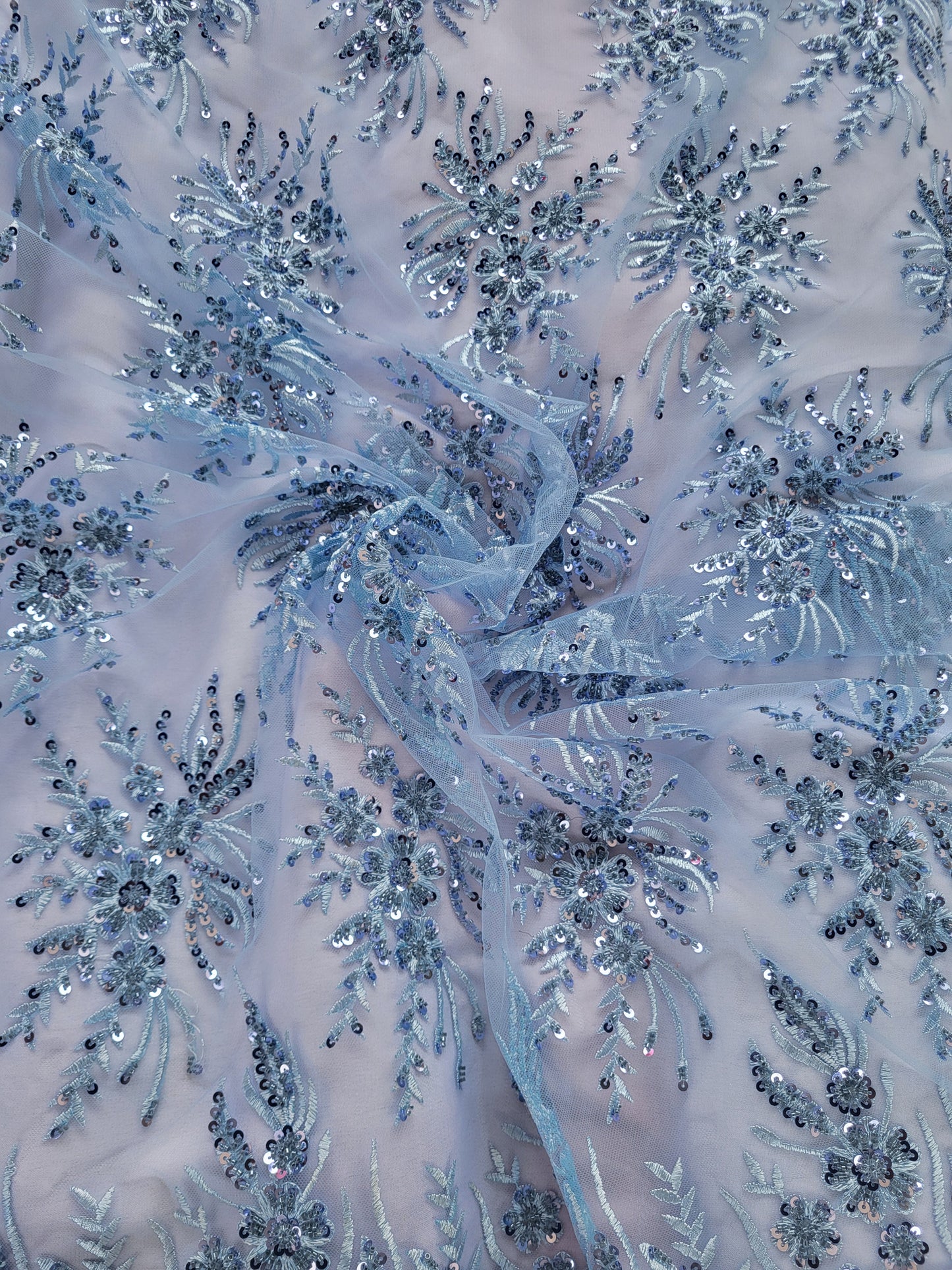 Tissu tulle perlé - Bleu-ciel