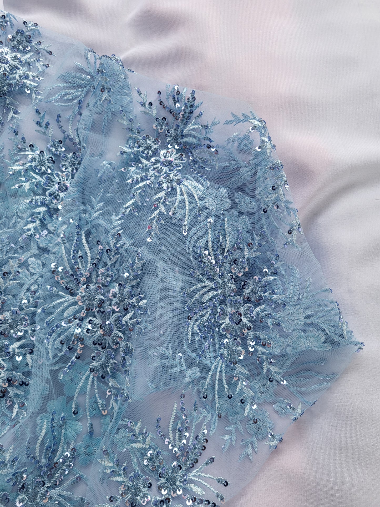 Tissu tulle perlé - Bleu-ciel