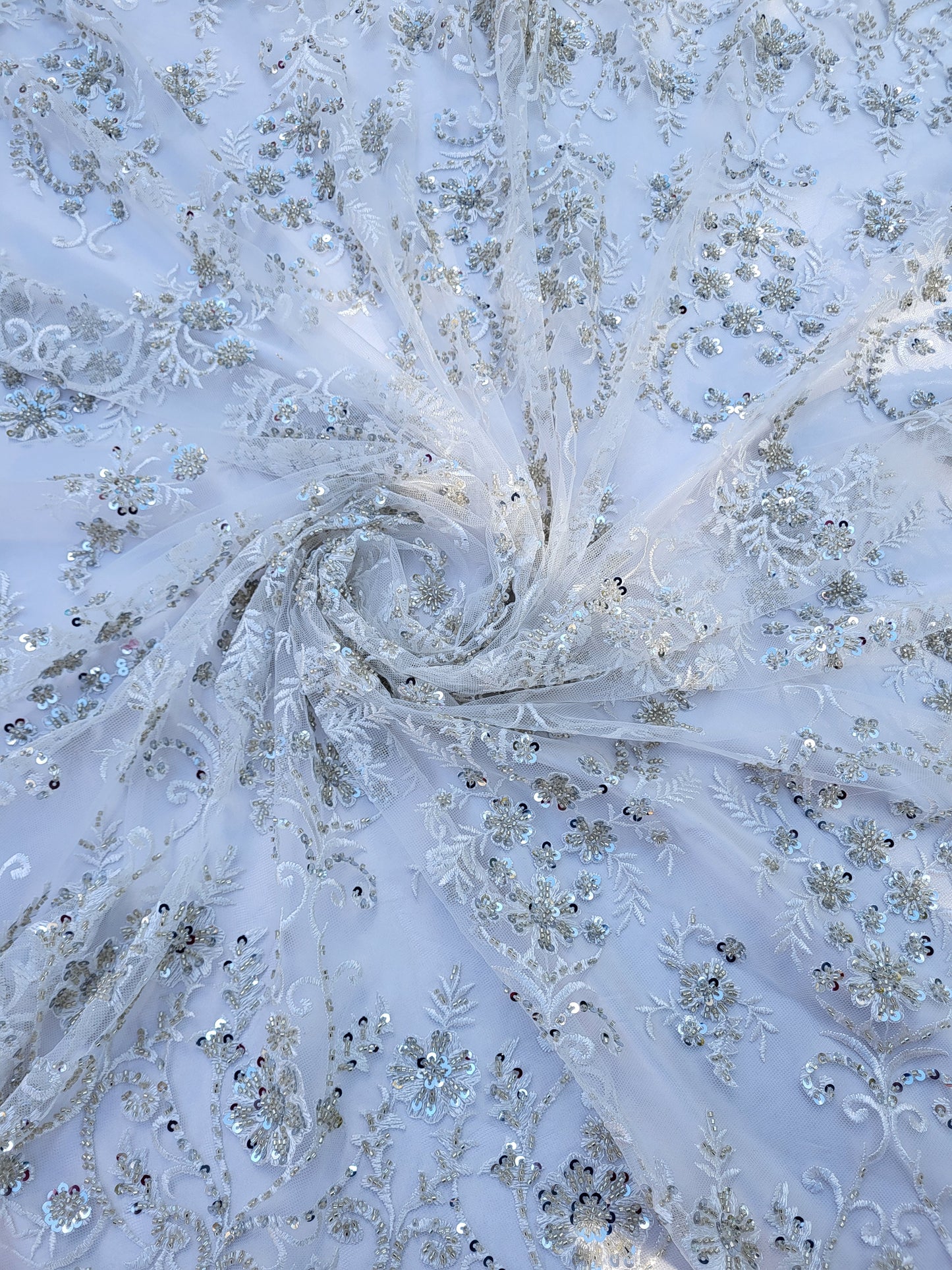 Tissu tulle perlé - Blanc cassé
