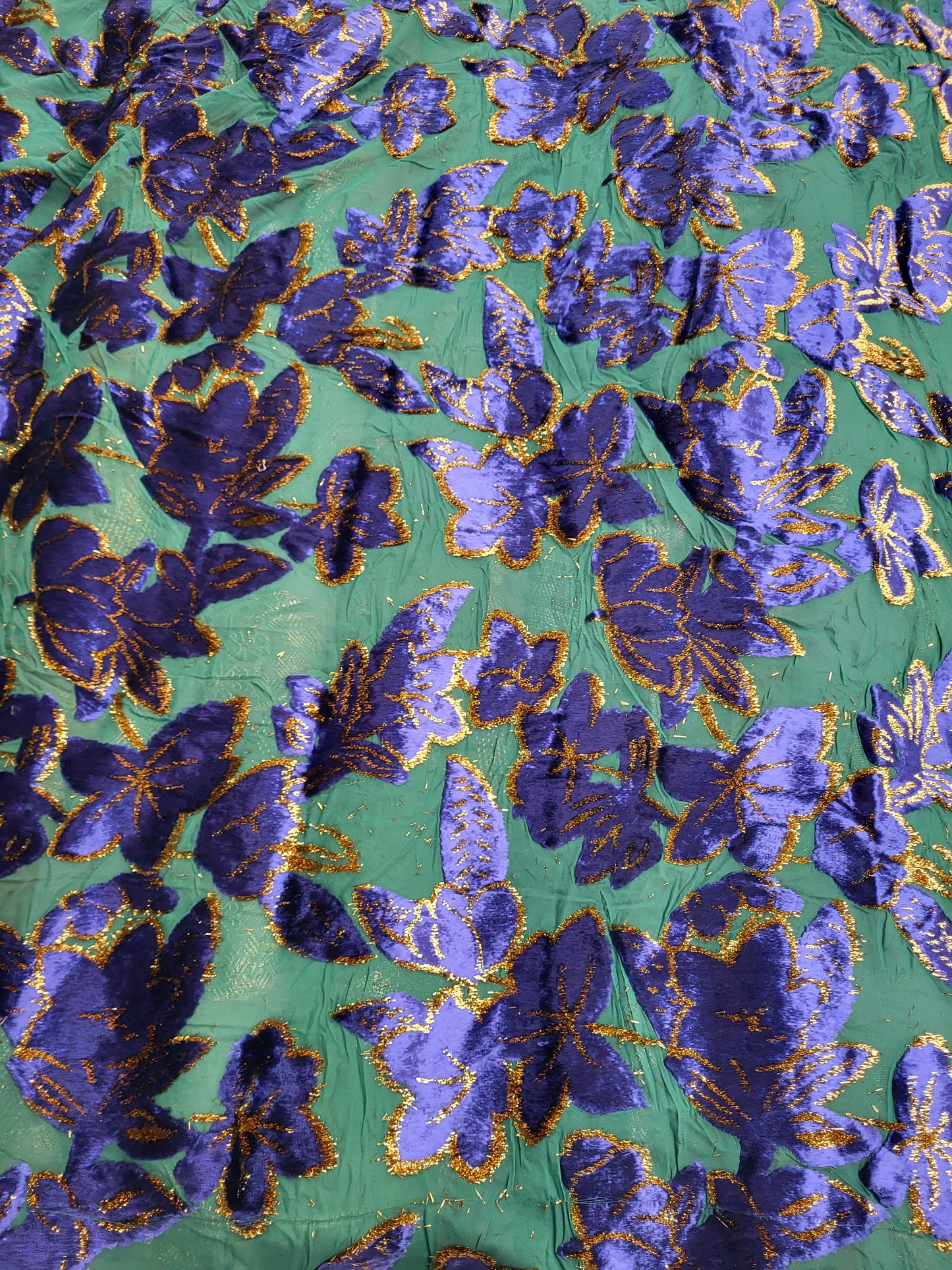 Tissu mousseline à motifs velours "tlija" tissée - Bleu marine et Or