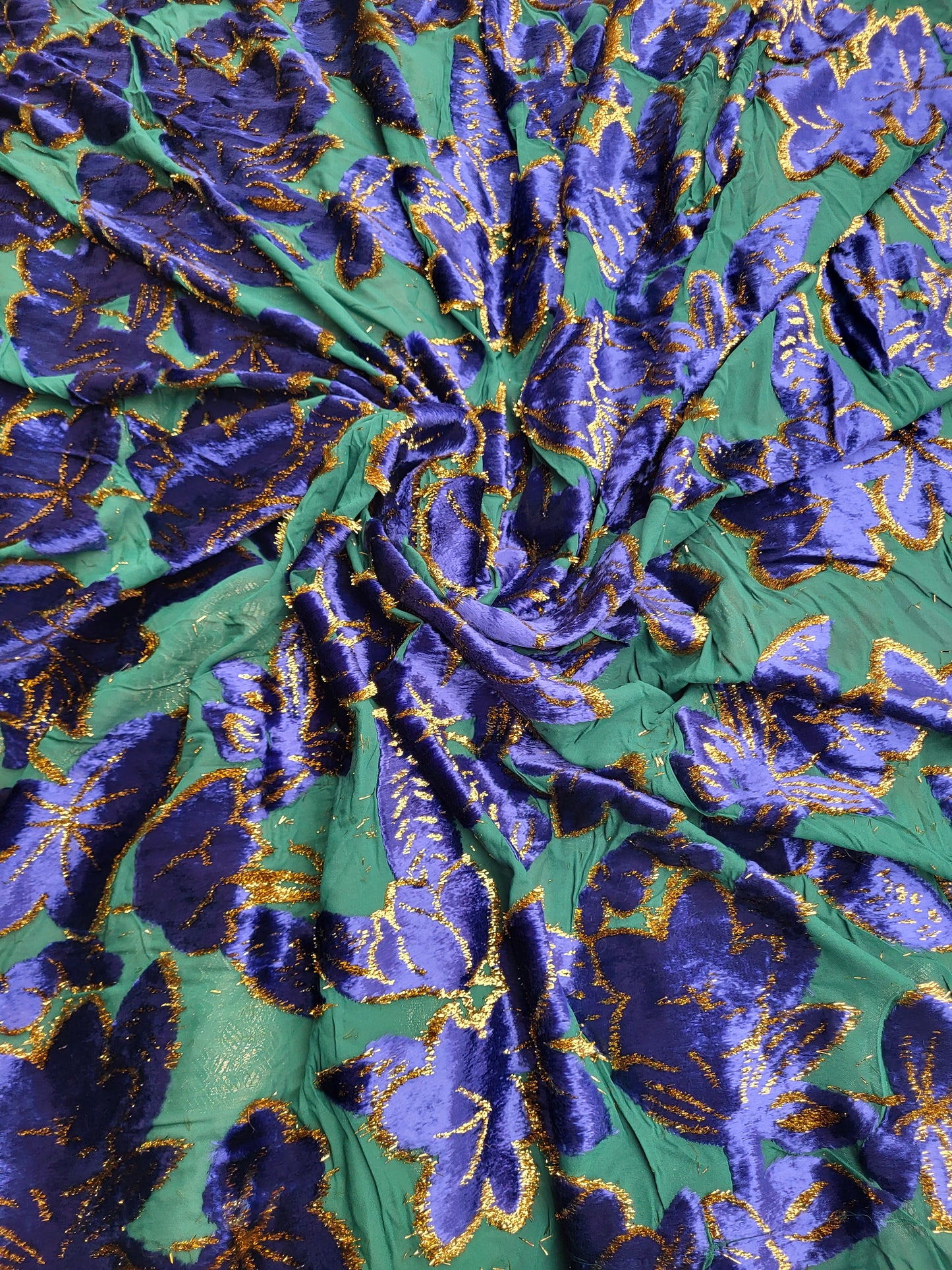 Tissu mousseline à motifs velours "tlija" tissée - Bleu marine et Or