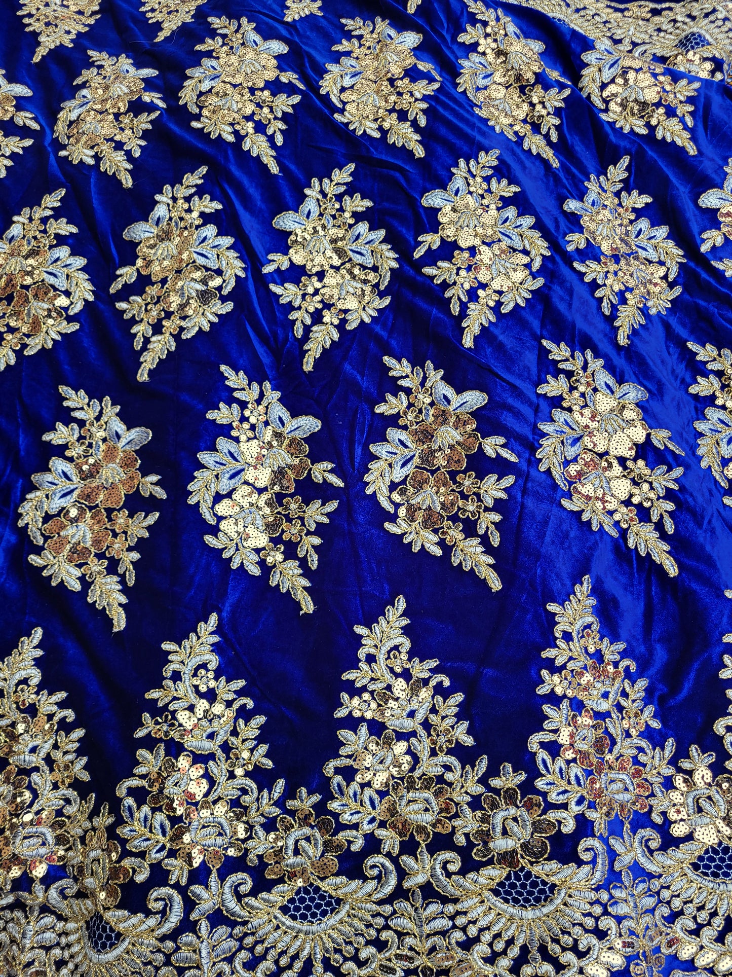 Tissu velours brodé sequin - Bleu roi et Or