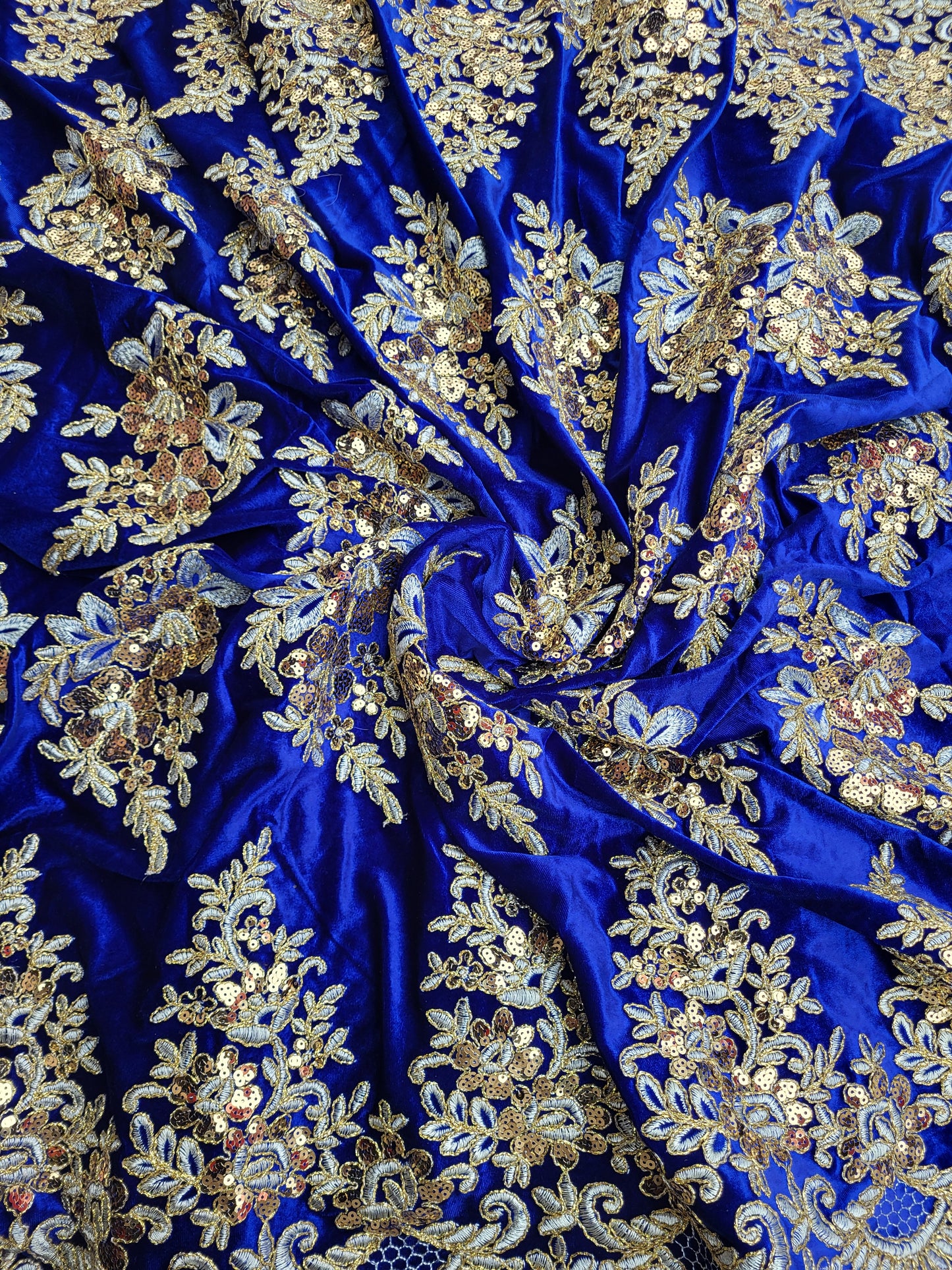 Tissu velours brodé sequin - Bleu roi et Or
