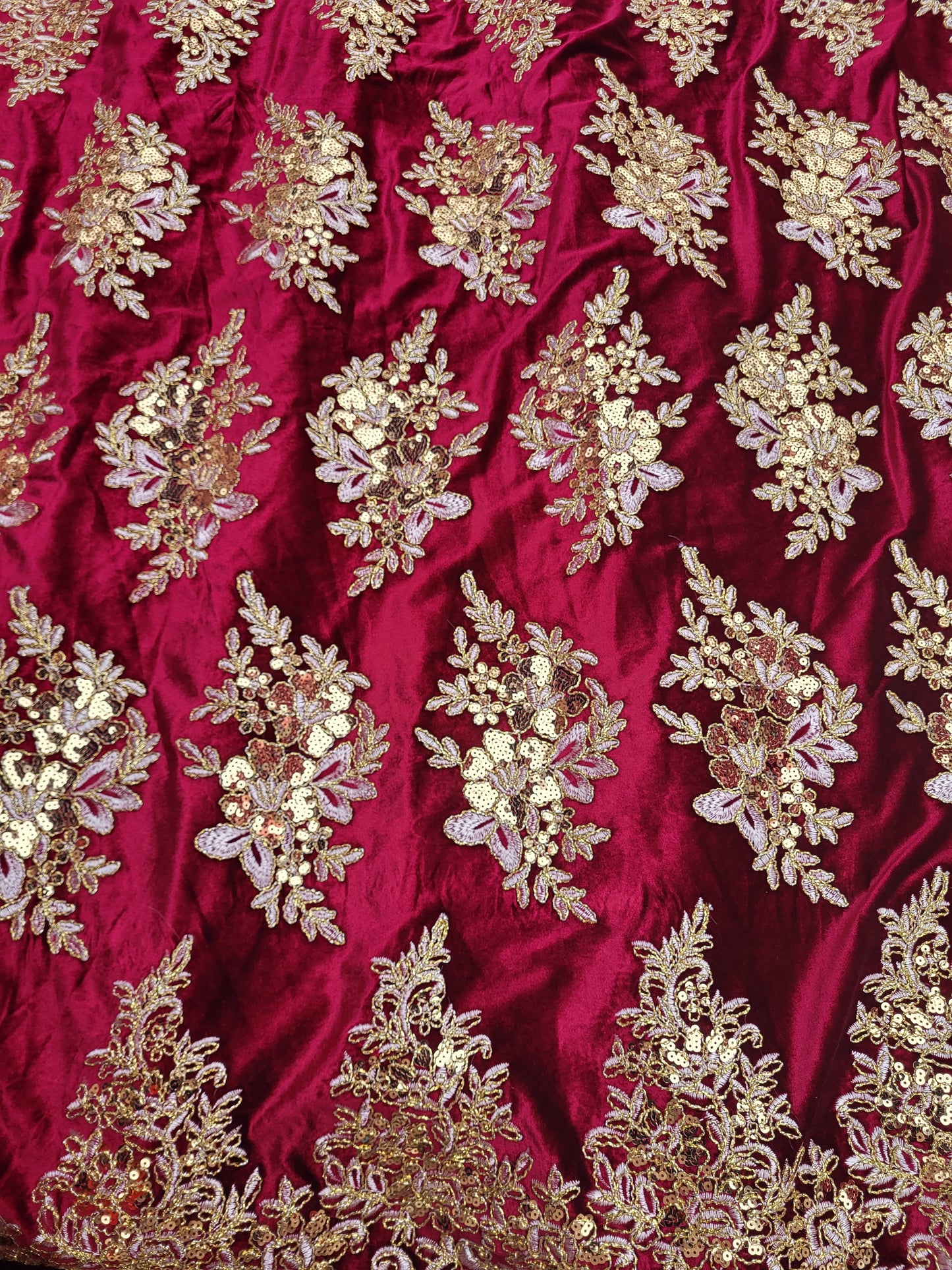 Tissu velours brodé sequin - Bordeaux et Or