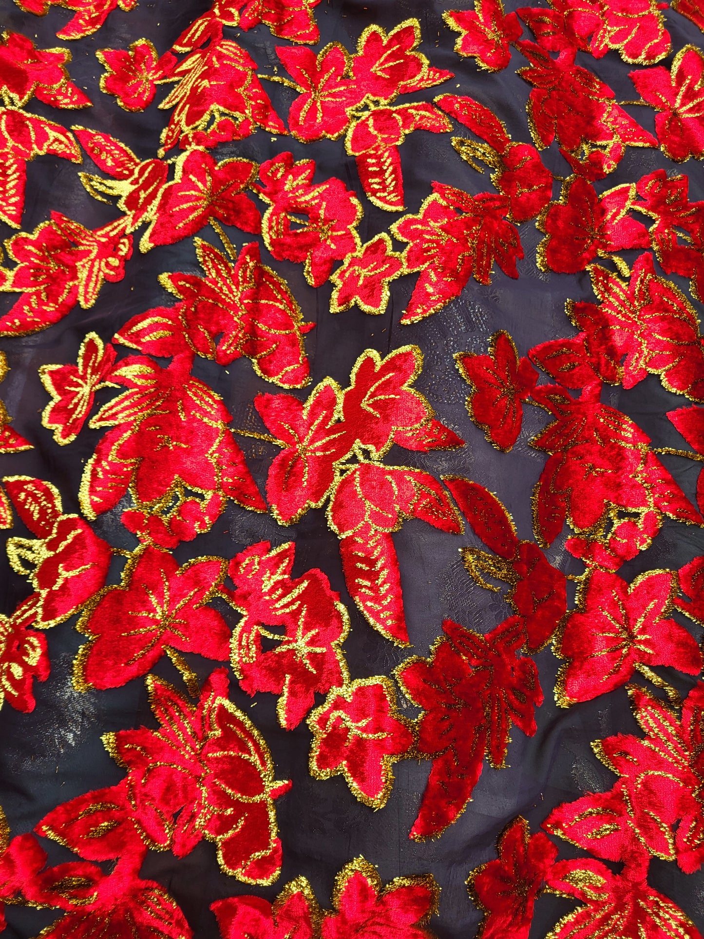 Tissu mousseline à motifs velours "tlija" tissée - Rouge et Or