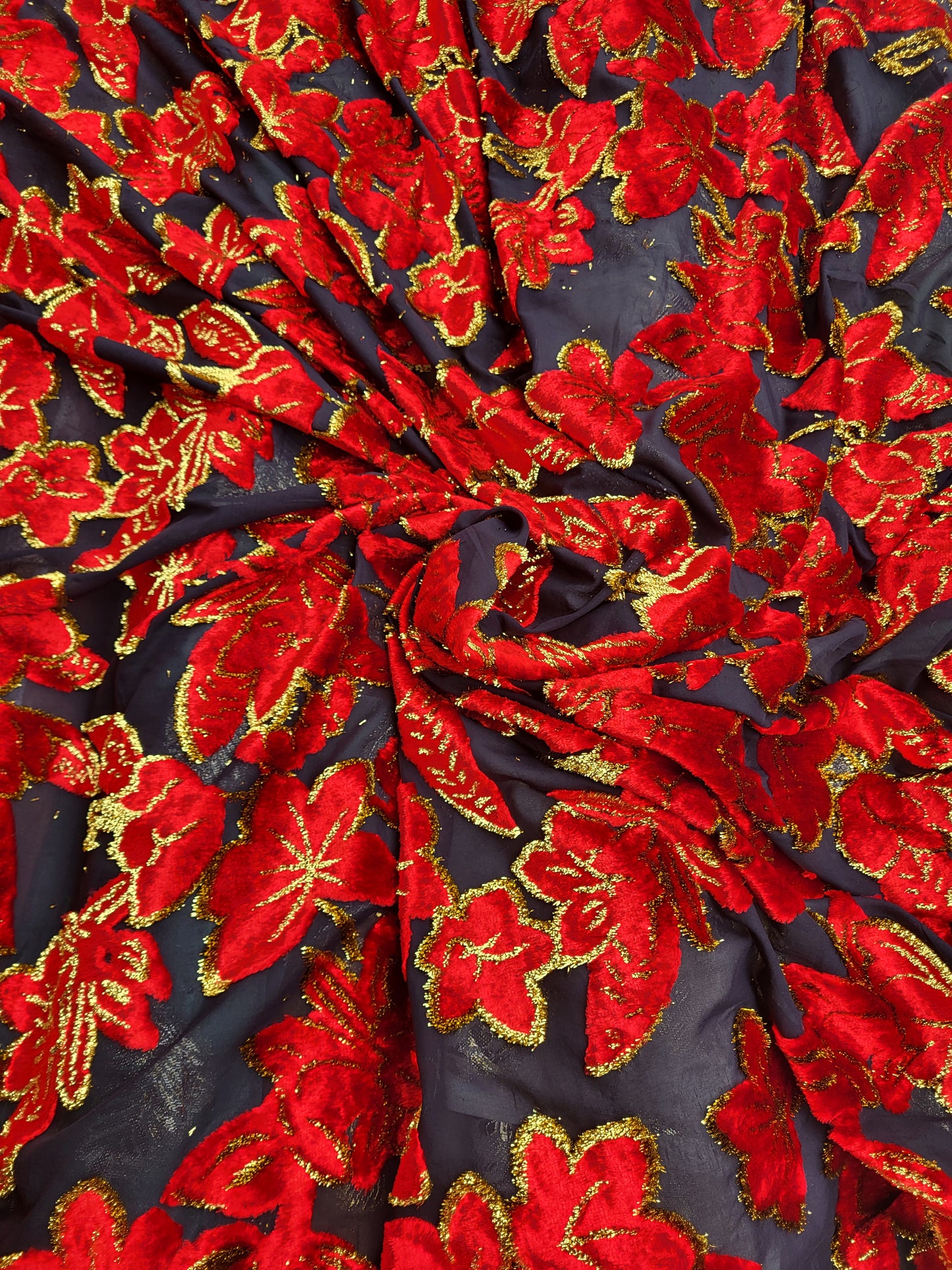 Tissu mousseline à motifs velours "tlija" tissée - Rouge et Or