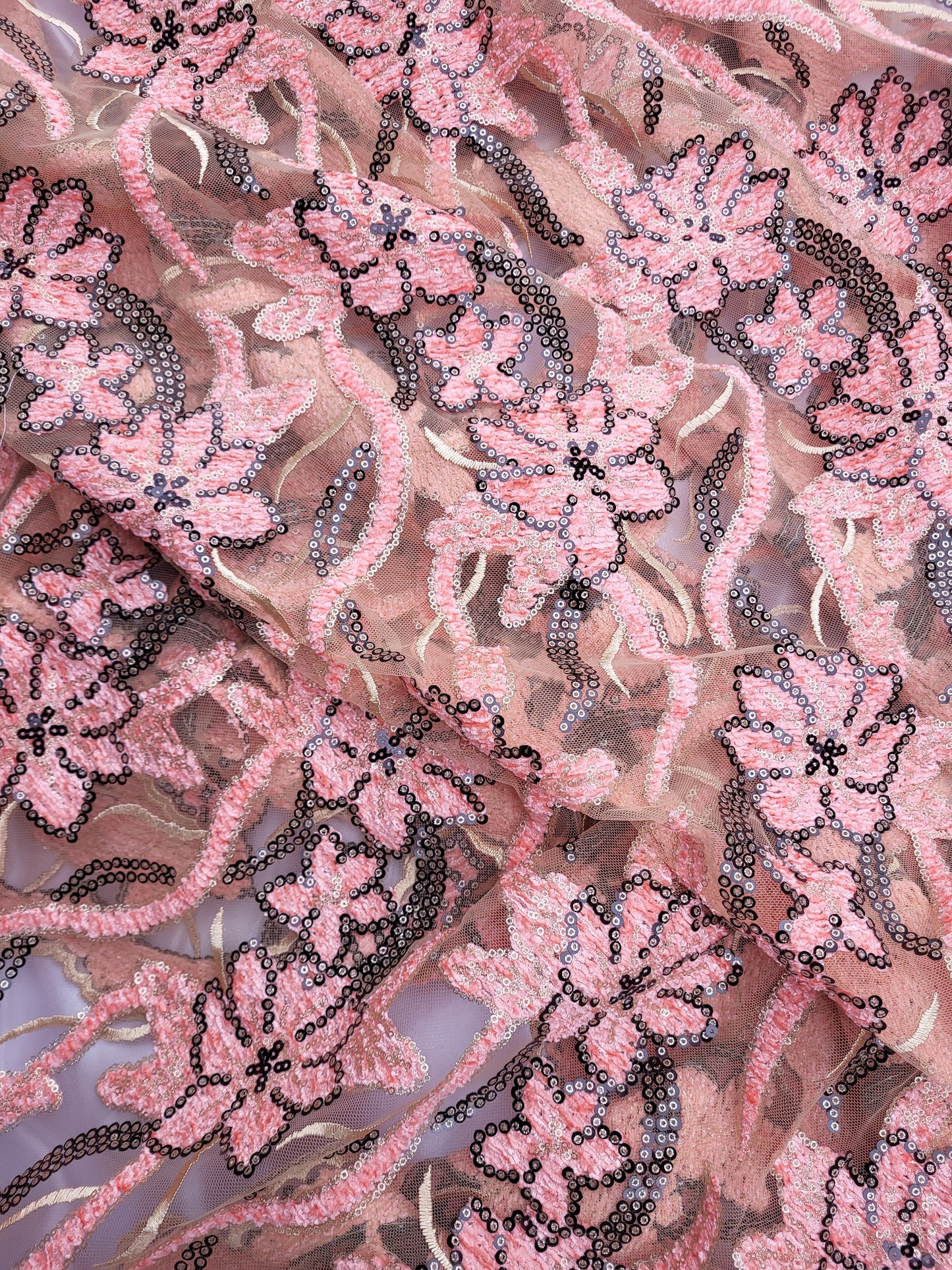 Tissu dentelle à strass - Saumon et Or