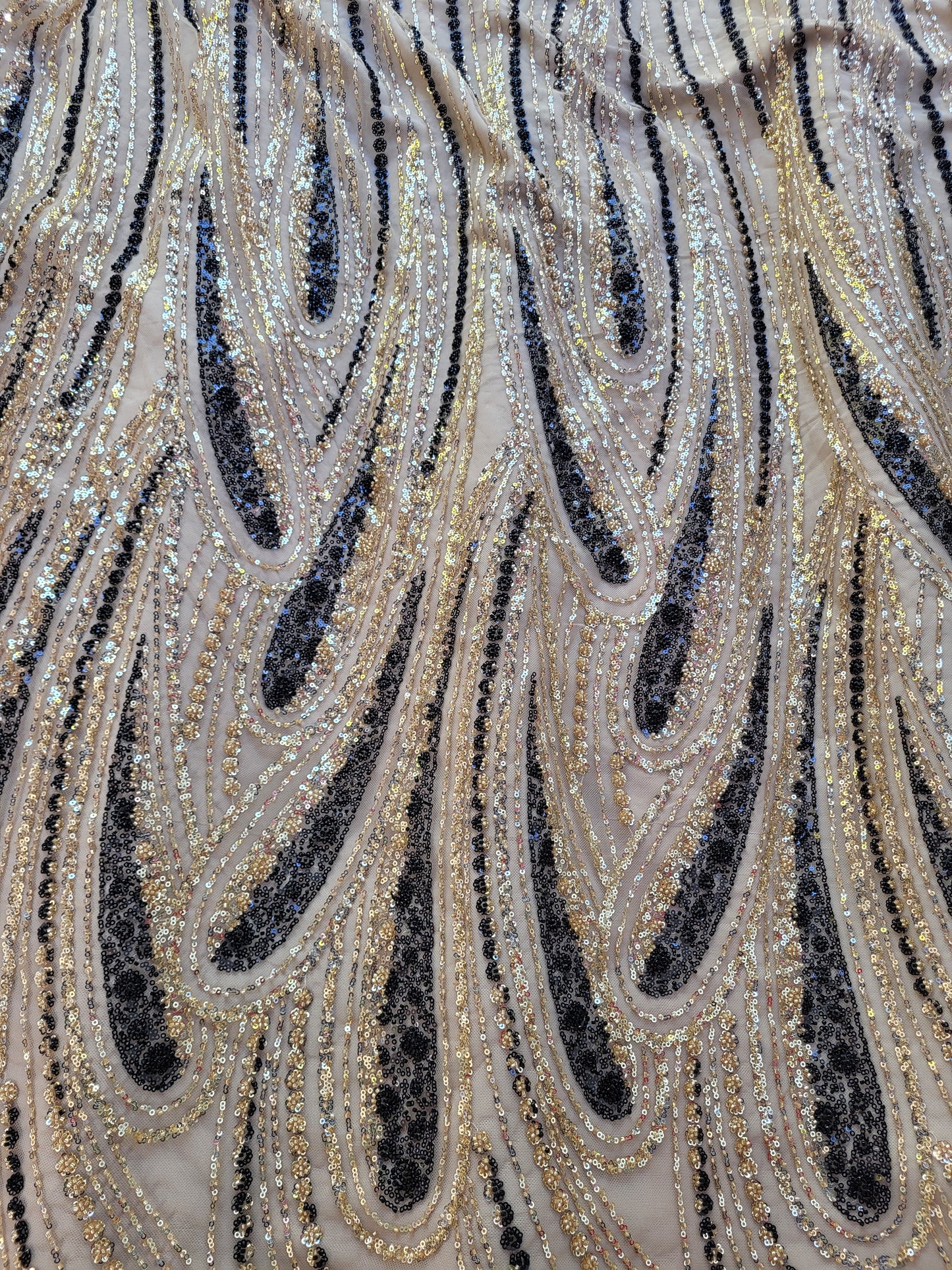 Tissu tulle,dentelle perlé - Or et Noir