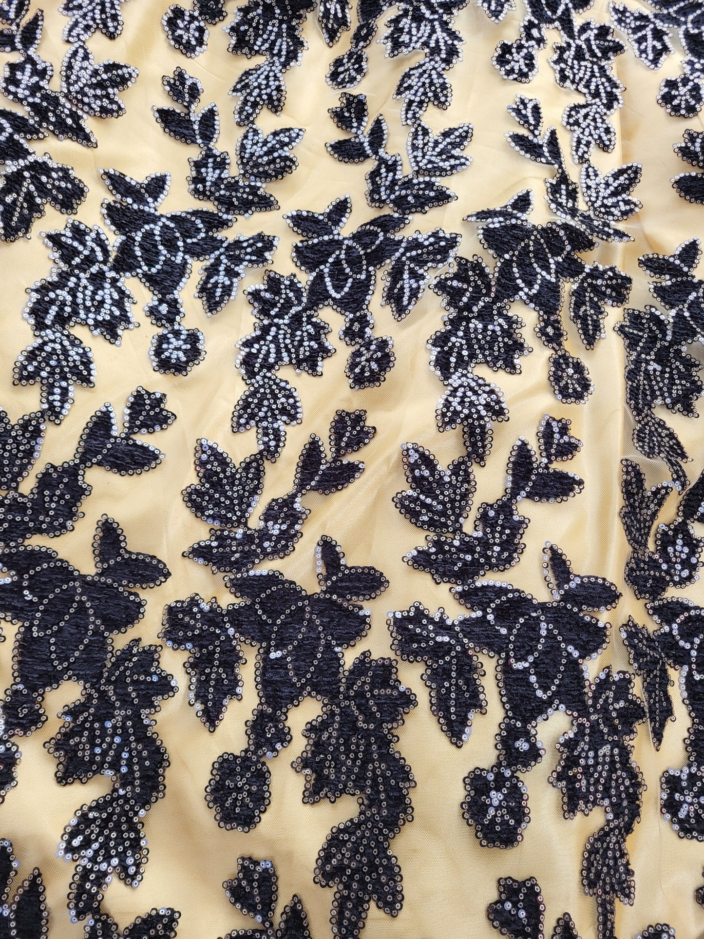 Tissu dentelle à strass - Noir et Or
