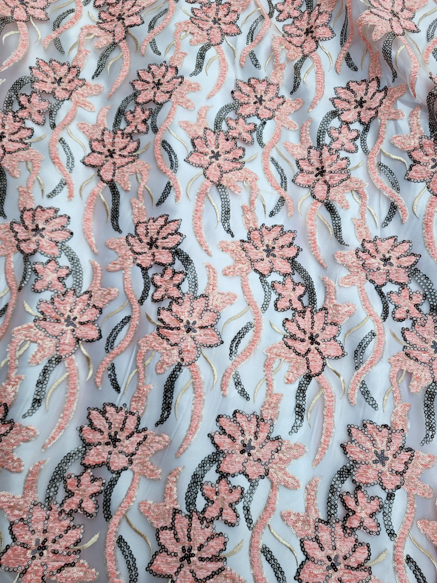 Tissu dentelle à strass - Saumon et Or