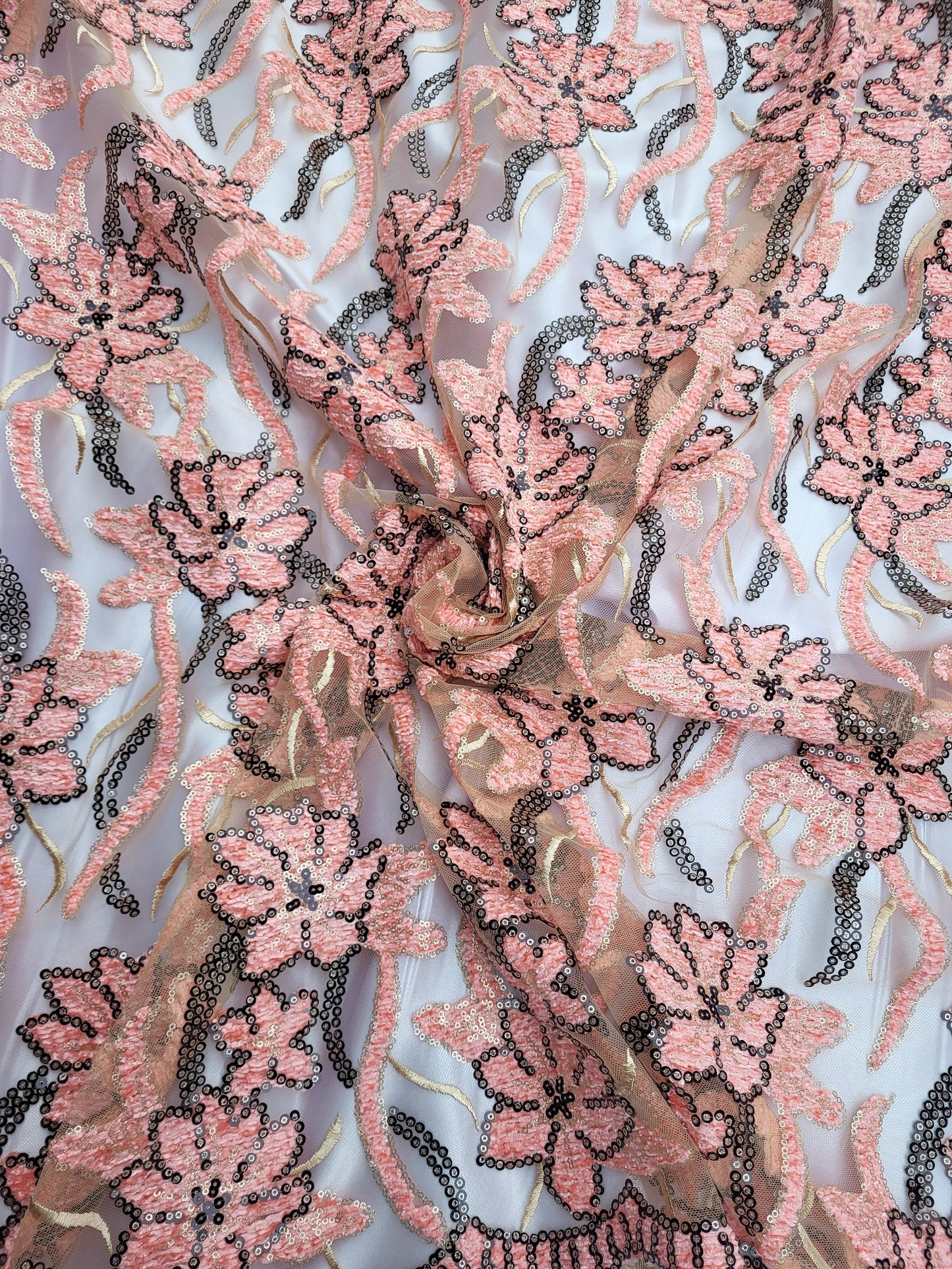 Tissu dentelle à strass - Saumon et Or