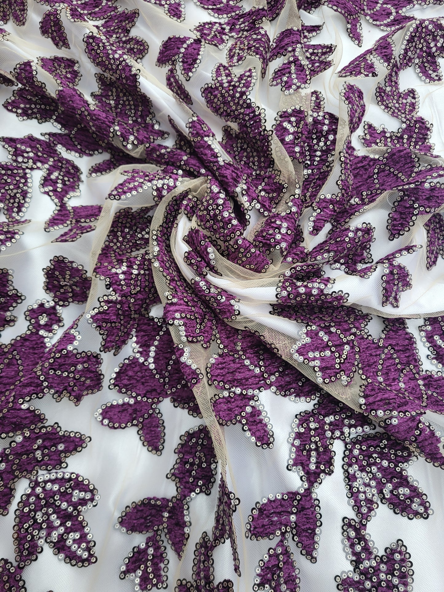Tissu dentelle à strass - Violet et Or