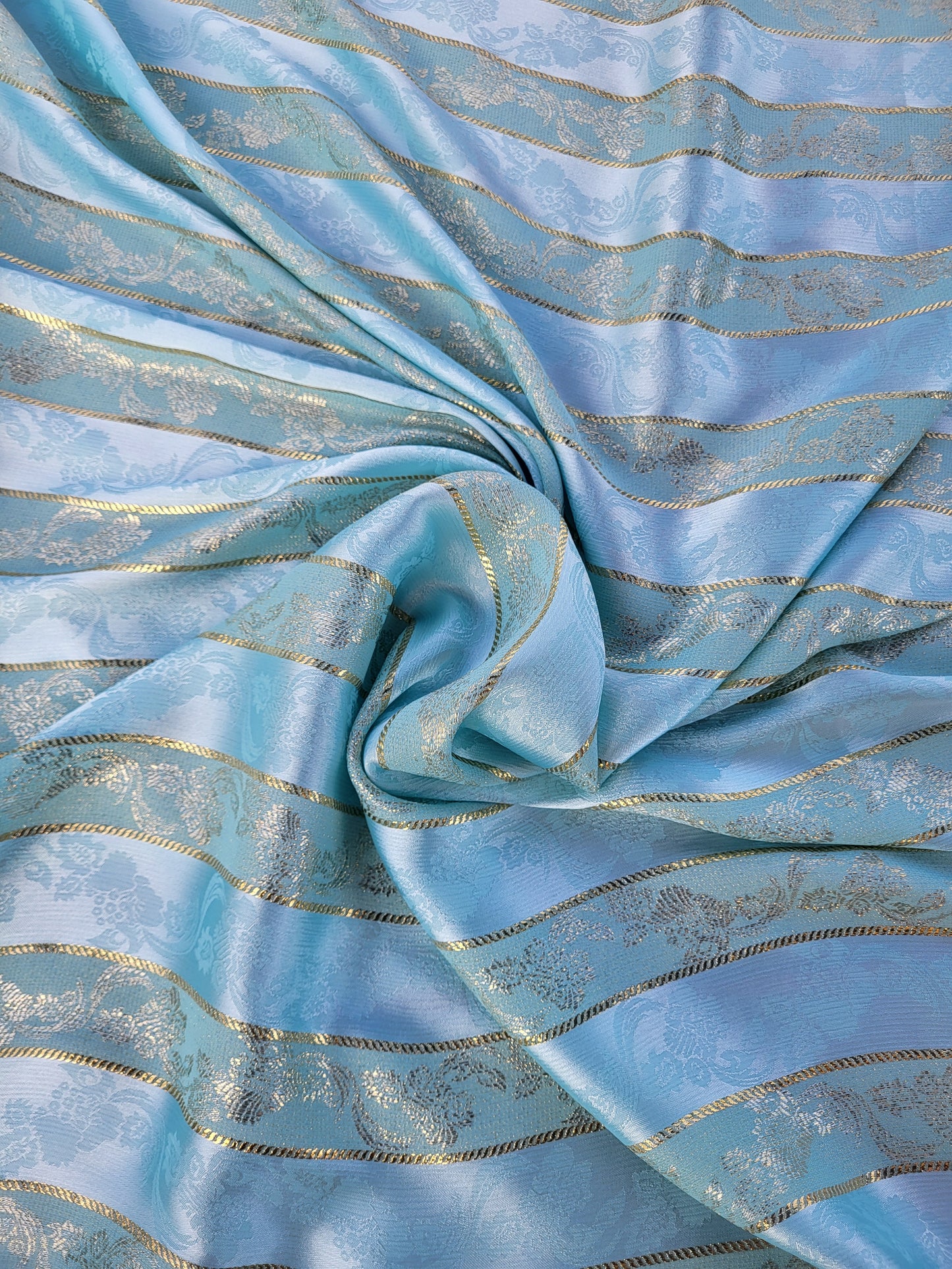 Tissu satin de soie "jawhara" tissé - Bleu-ciel et Or