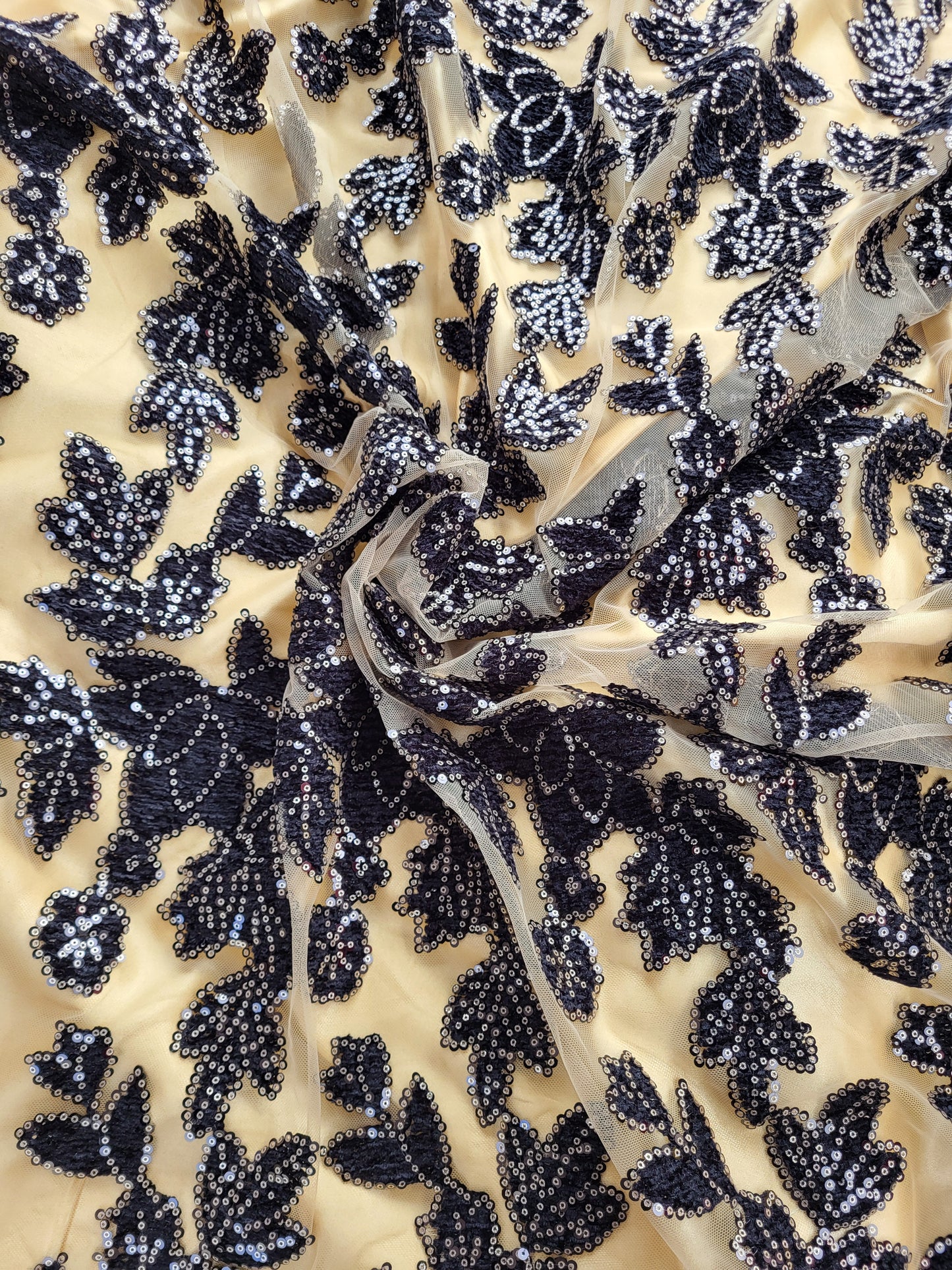 Tissu dentelle à strass - Noir et Or