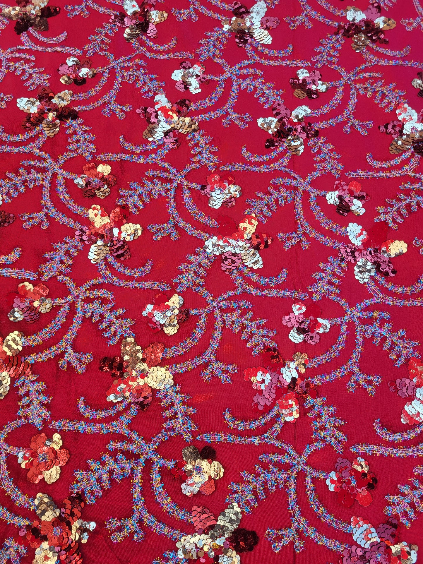 Tissu sequin sur base velours - Bordeaux