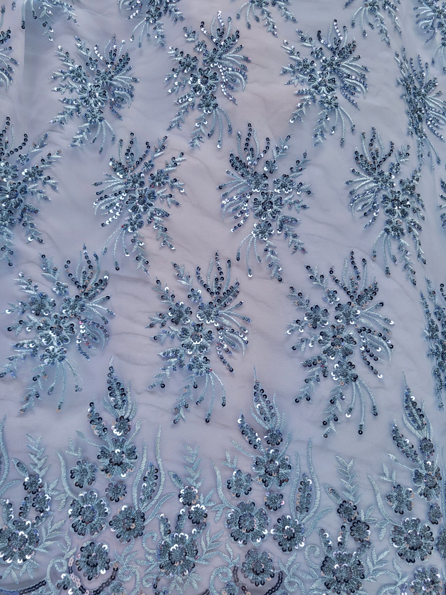 Tissu tulle,dentelle perlé  - Bleu-ciel