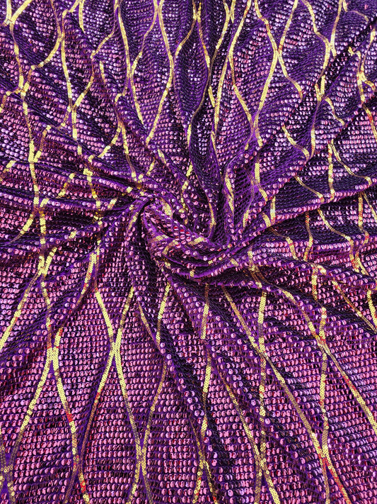 Tissu sequin sur base velours - Violet et Or