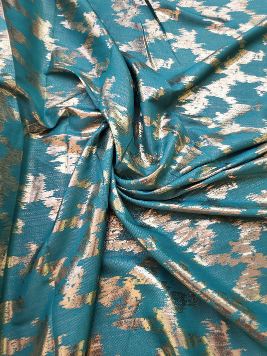 Tissu jacquard de soie tissé - Bleu  et Or