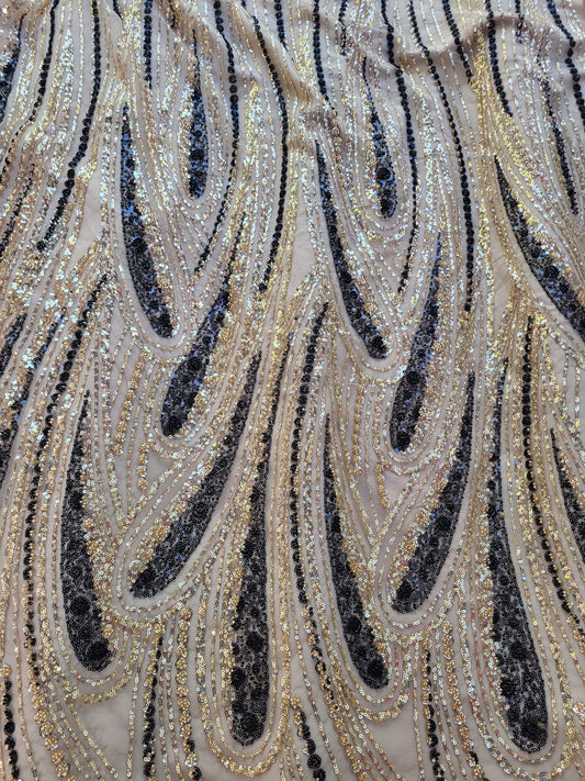 Tissu tulle,dentelle perlé  - Or et Noir