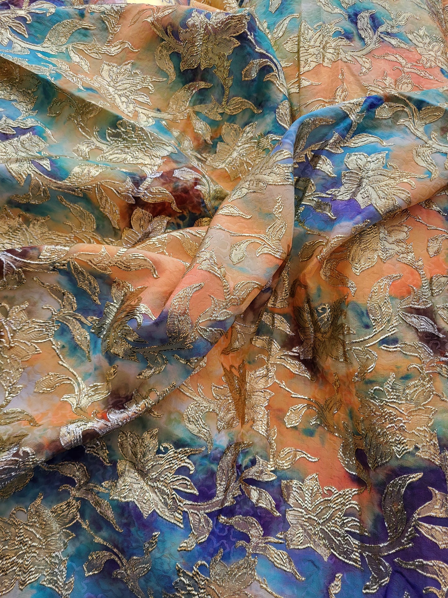 Tissu "Brocart" tissée - Orange et Or