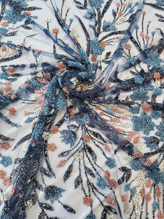 Tissu tulle perlé  - Bleu marine