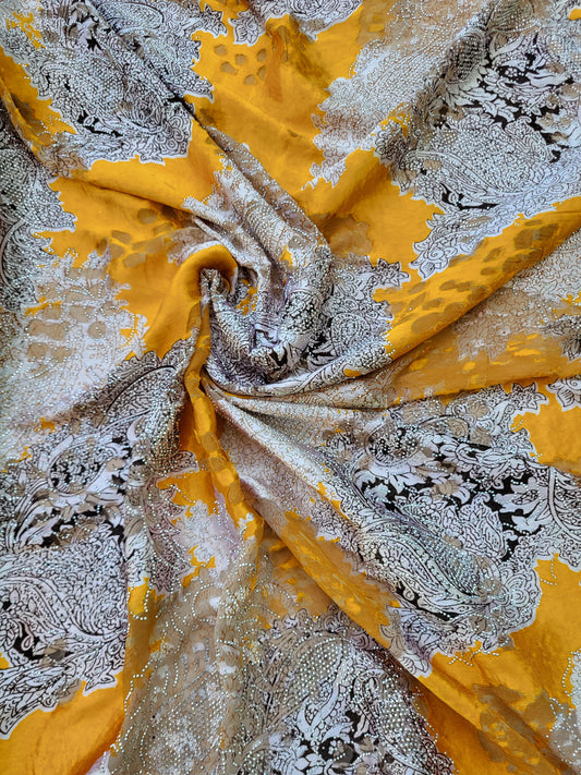 Tissu mousseline de soie "tlija" tissée a strass - jaune moutarde