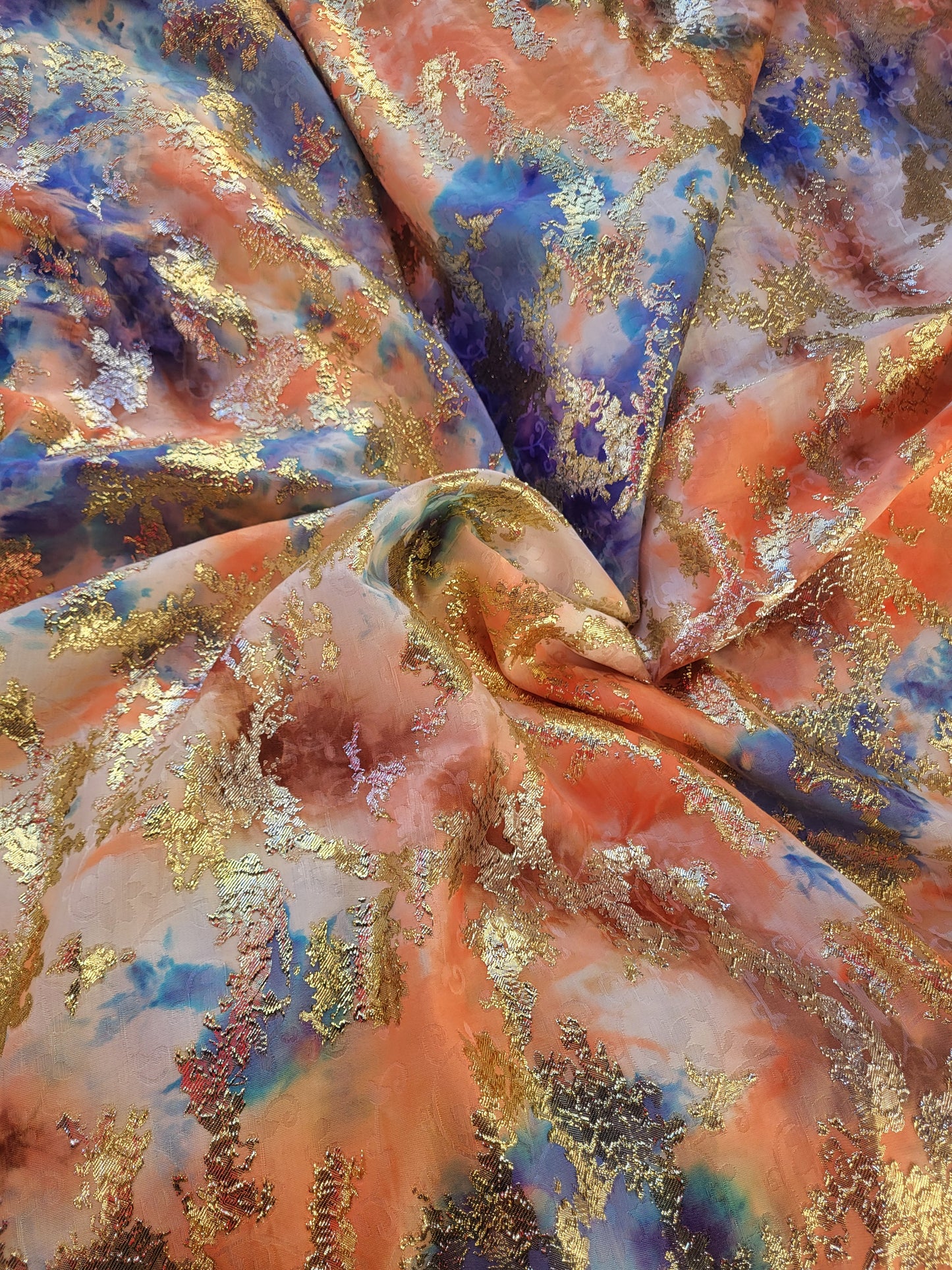Tissu "Brocart" tissée - Orange et Or