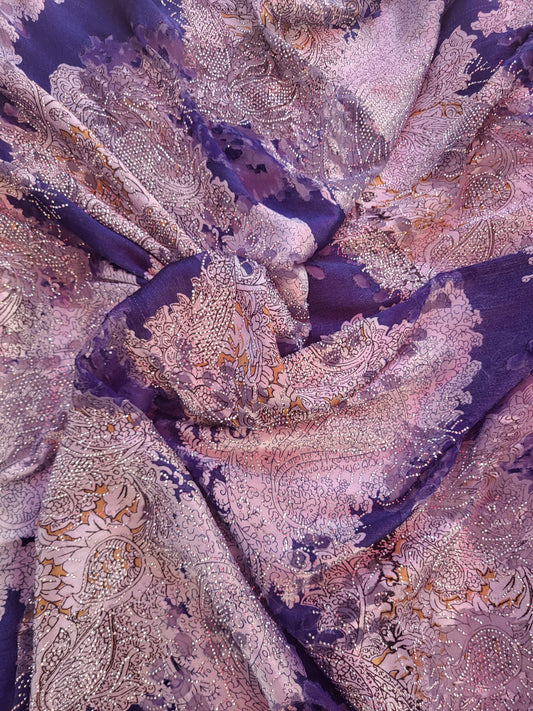 Tissu mousseline de soie "tlija" tissée a strass - Bleu