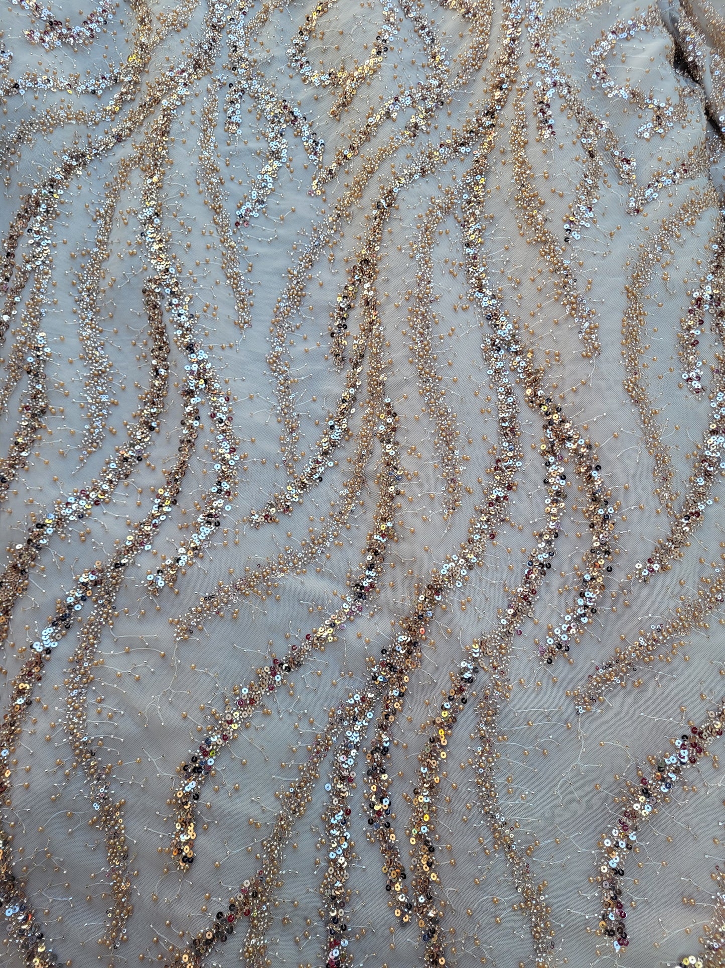 Tissu tulle perlé  - Beige
