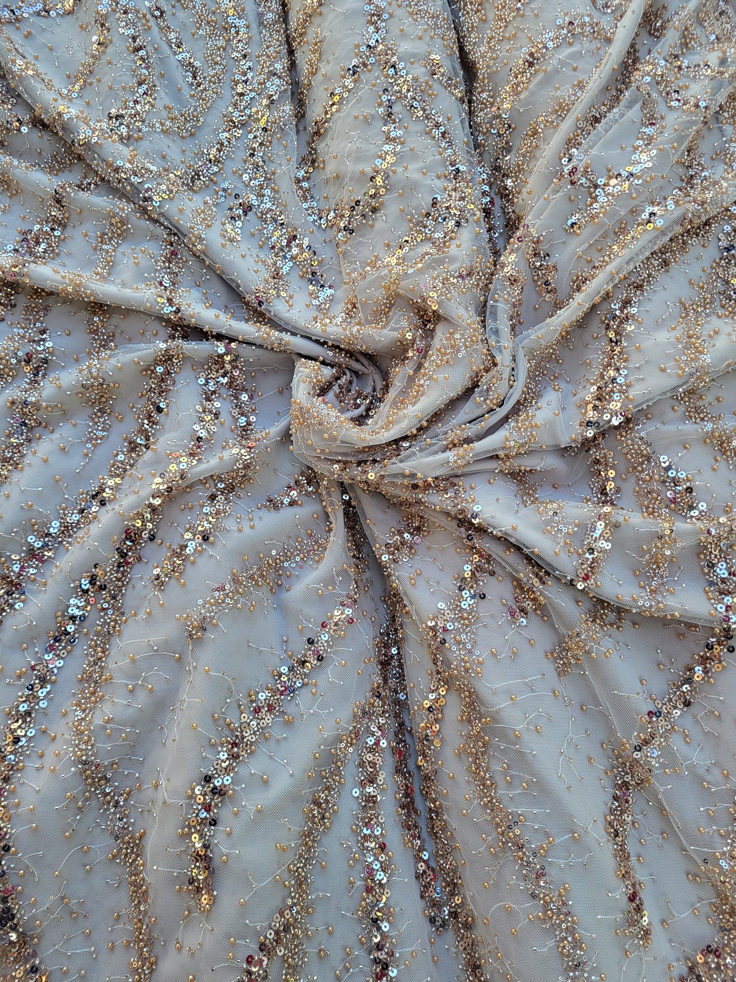 Tissu tulle perlé  - Beige
